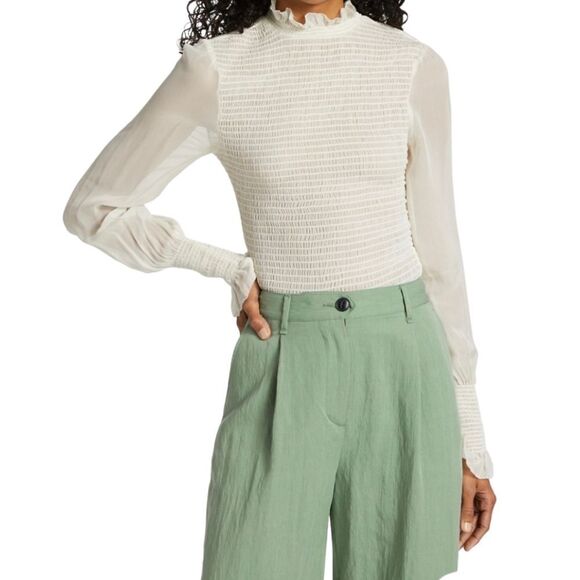 Rag & Bone NWT Kayden Sheer Smocked Blouse women's sz M in Light Dove - Picture 2 of 13